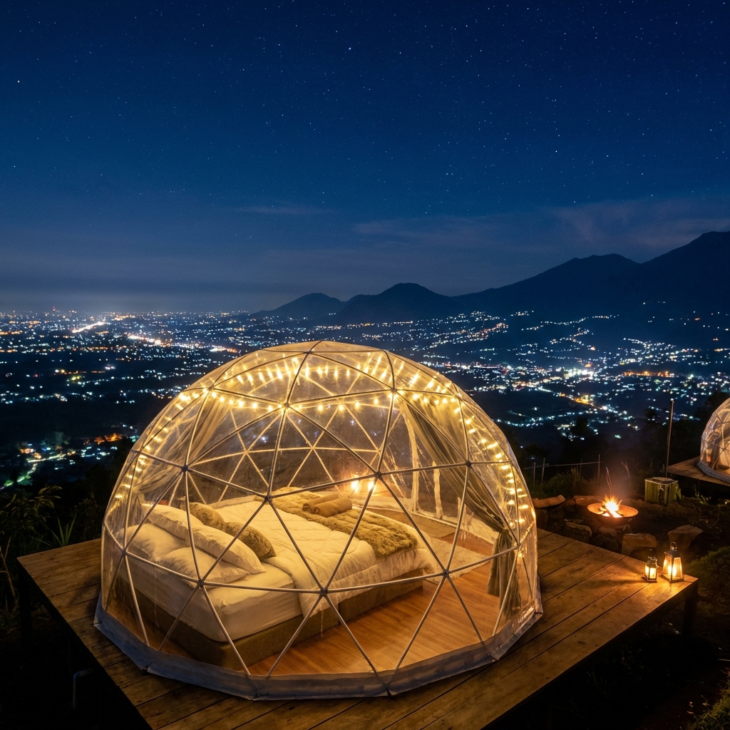 Glamping dome tent mewah di Batu dengan pemandangan city light dan bintang di malam hari