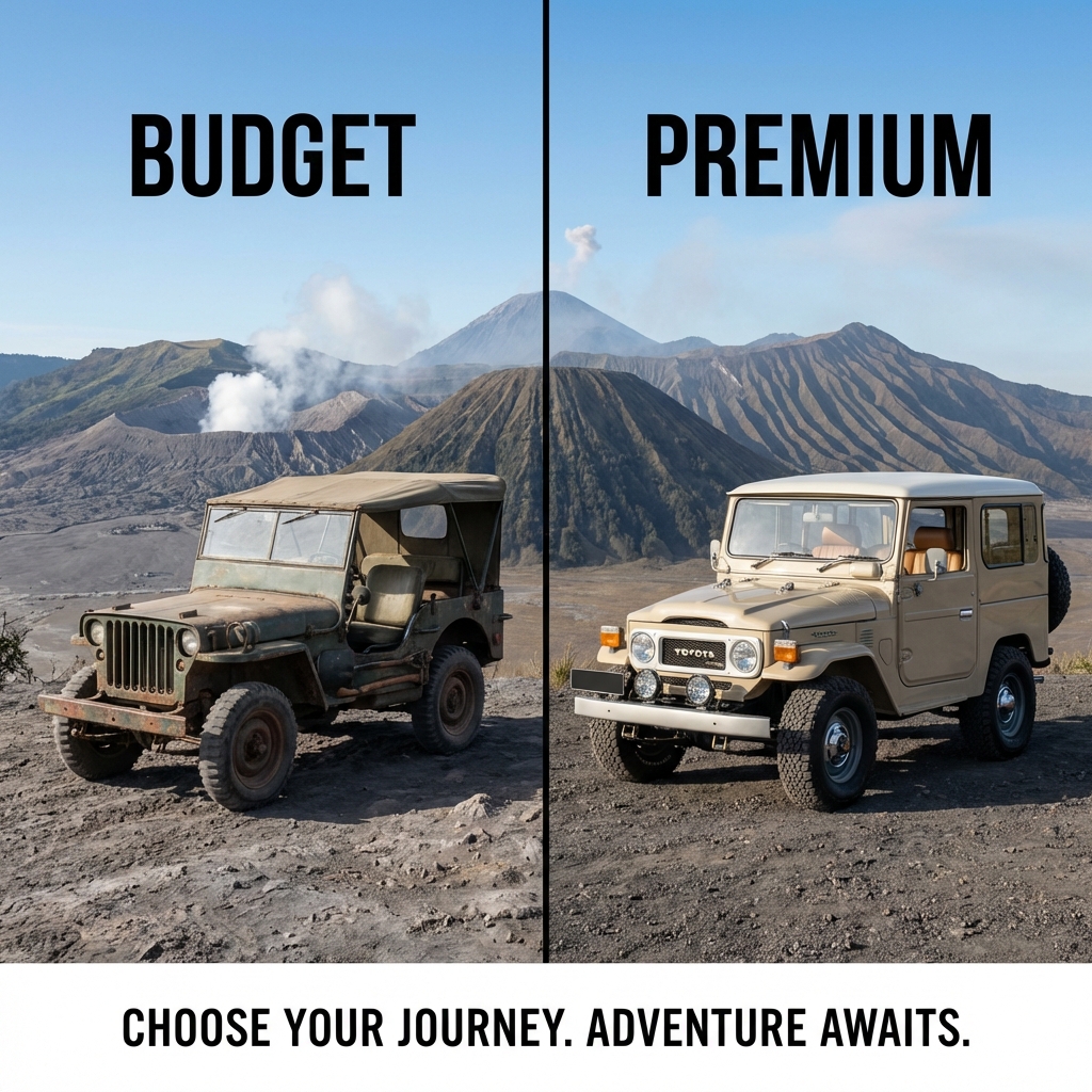 Perbandingan visual Jeep Budget vs Premium Bromo