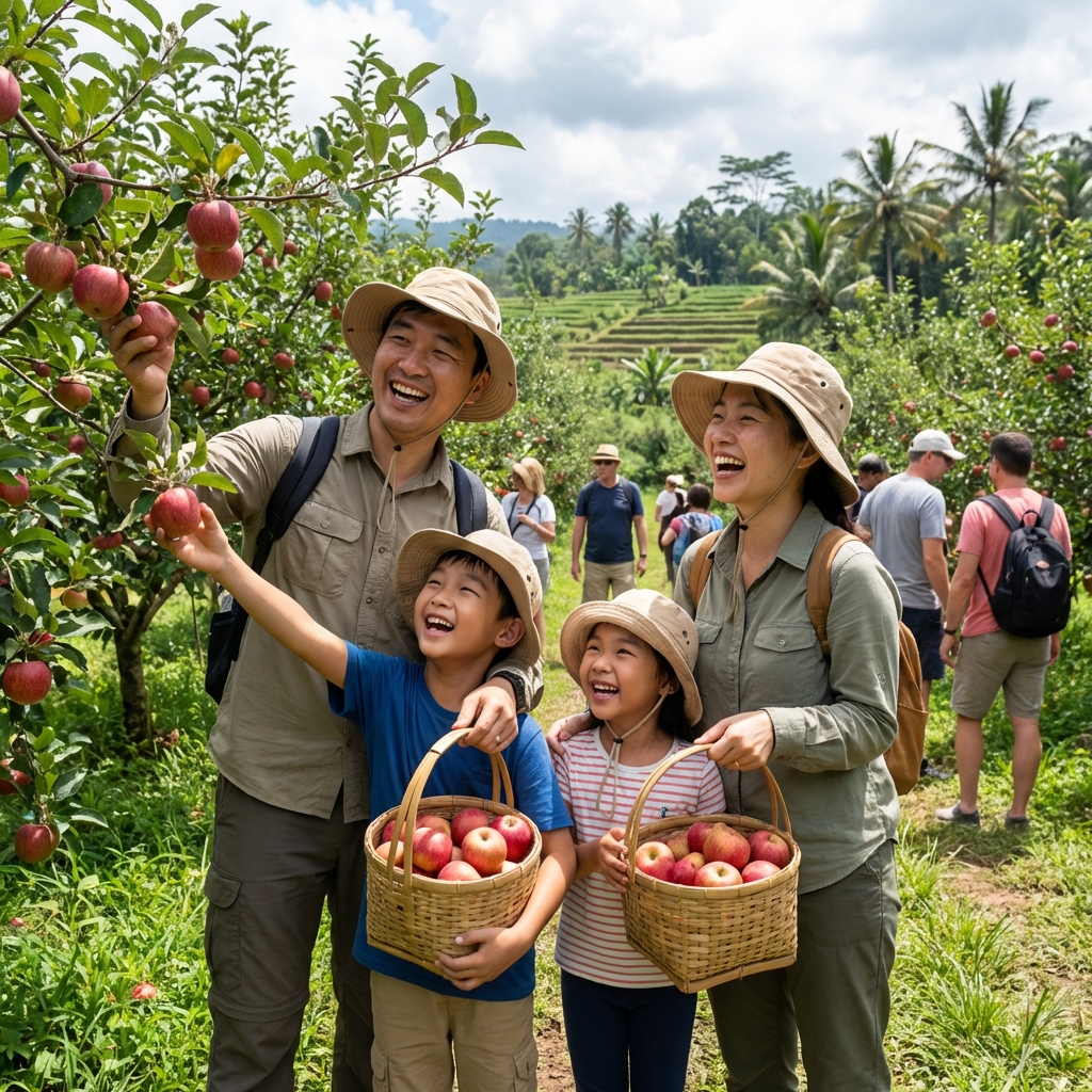 Keluarga bahagia memetik apel di kebun Batu Malang