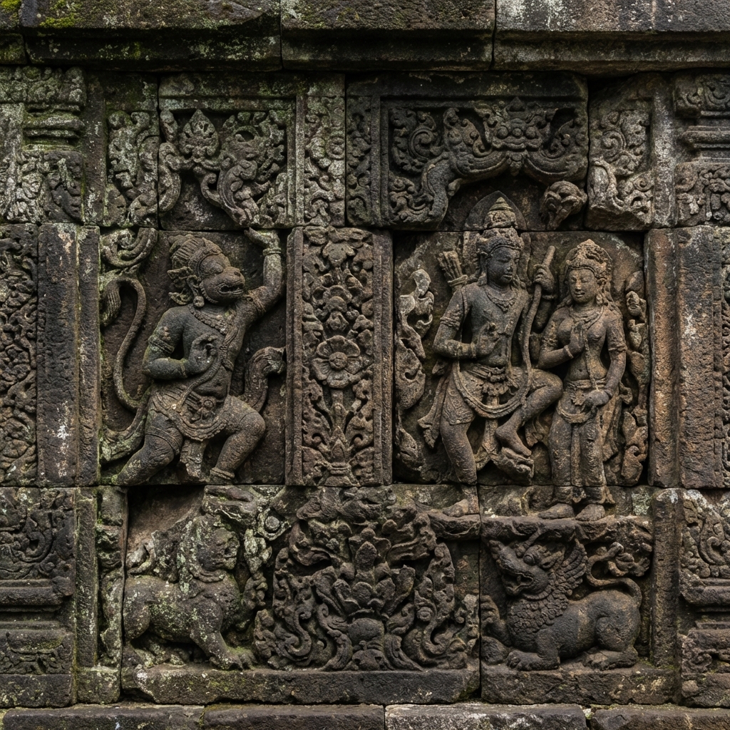 Relief ukiran batu di dinding candi yang menggambarkan kisah mitologi Hindu
